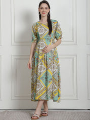 Geometric Print Yellow Rayon Maternity Nightdress