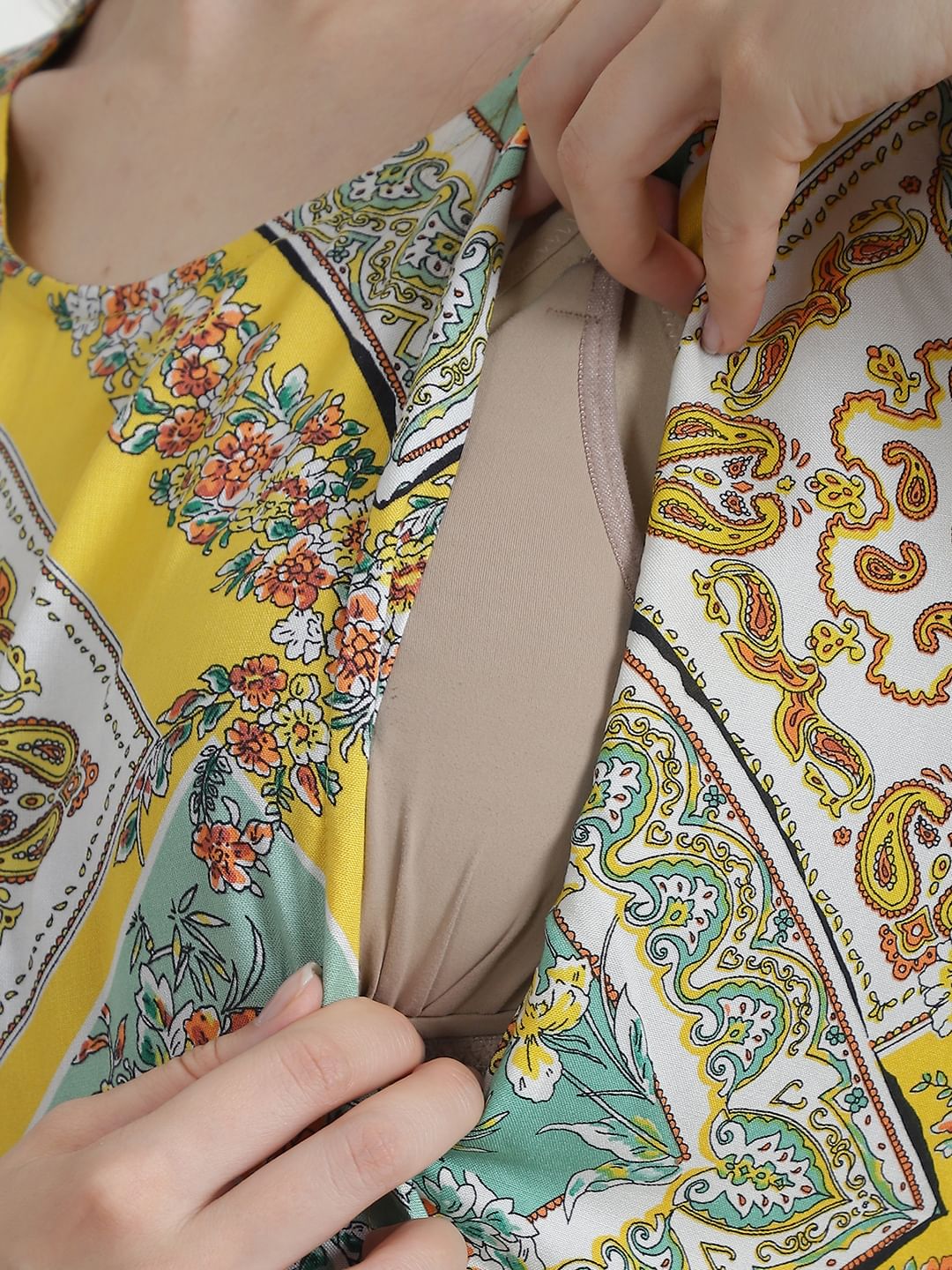 Geometric Print Yellow Rayon Maternity Nightdress