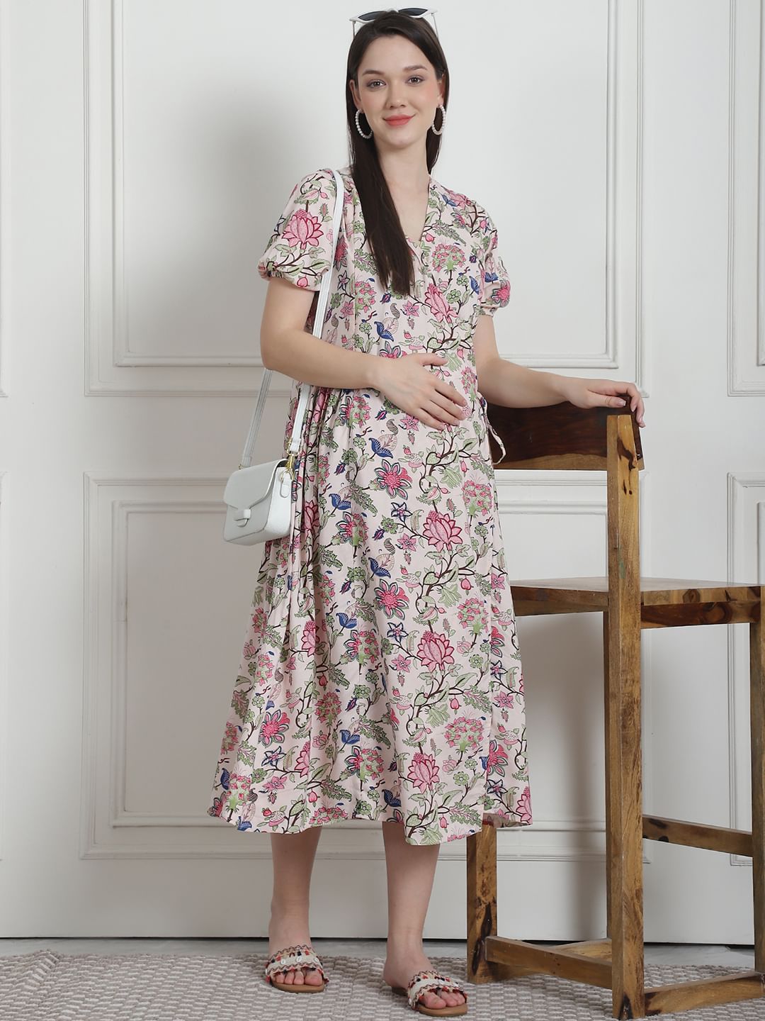 Floral Print Beige Rayon Maternity Nightdress