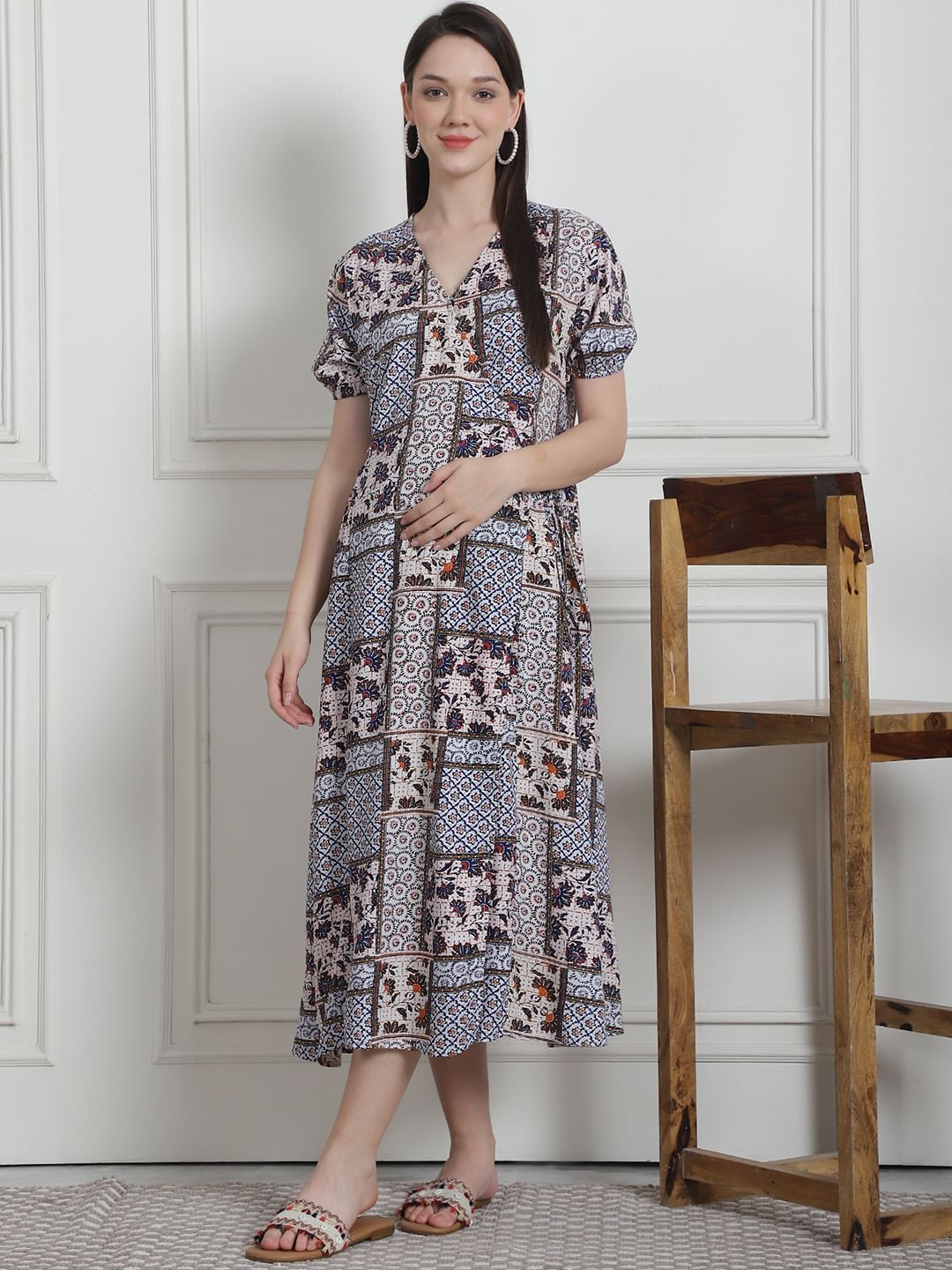 Geometric Print Multi Rayon Maternity Nightdress