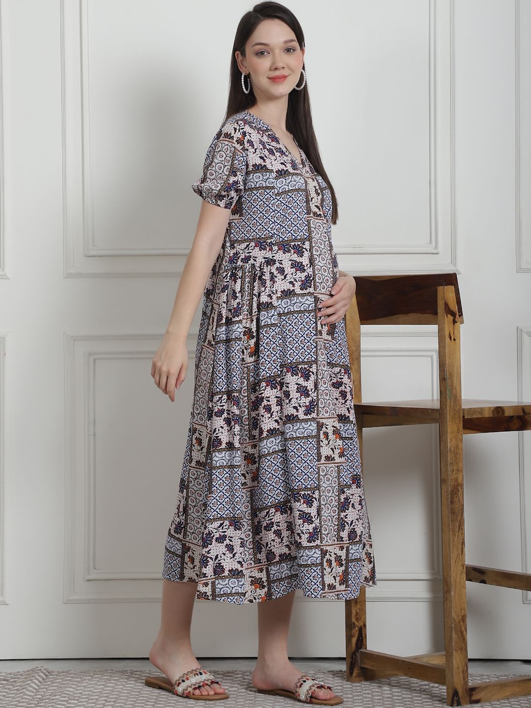 Geometric Print Multi Rayon Maternity Nightdress