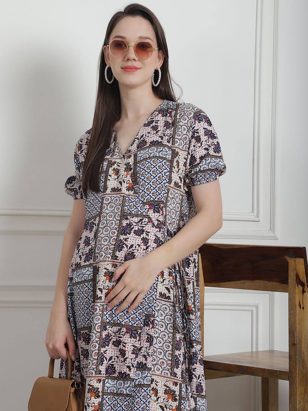 Geometric Print Multi Rayon Maternity Nightdress
