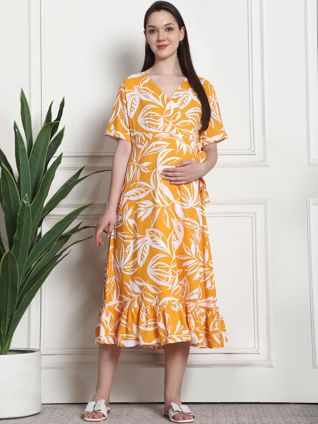 Floral Print Yellow Rayon Maternity Wrap Dress