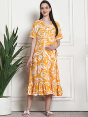 Floral Print Yellow Rayon Maternity Wrap Dress
