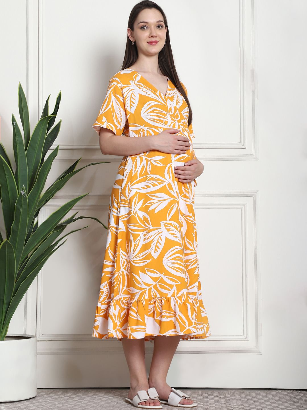 Floral Print Yellow Rayon Maternity Wrap Dress