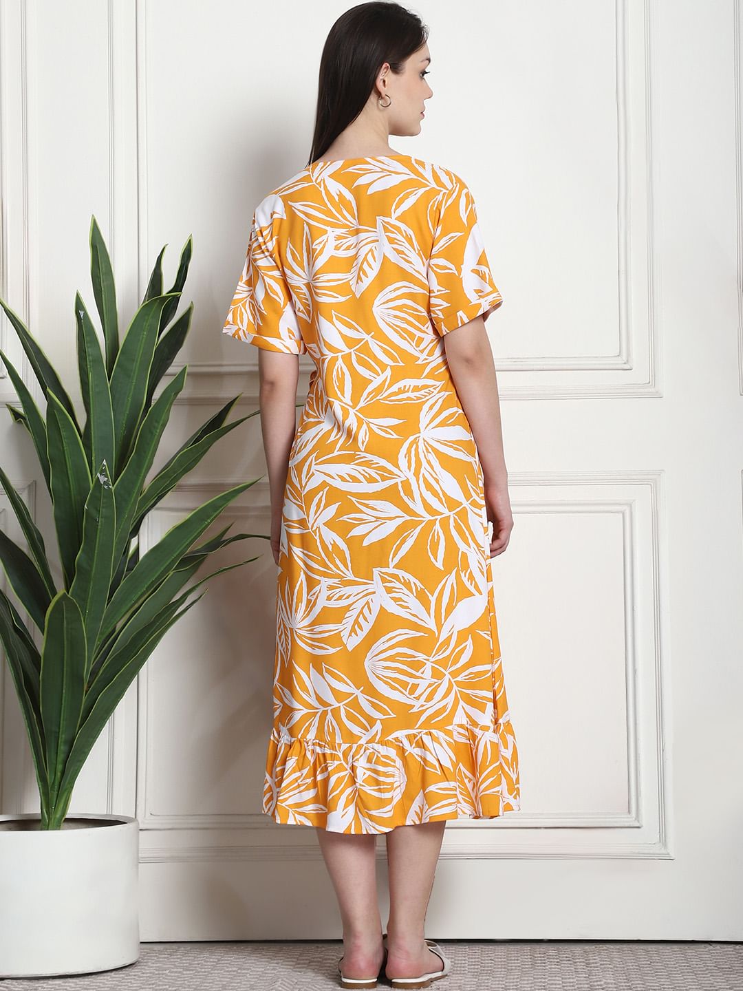Floral Print Yellow Rayon Maternity Wrap Dress