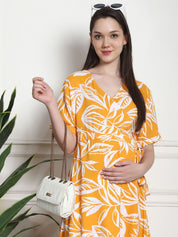 Floral Print Yellow Rayon Maternity Wrap Dress