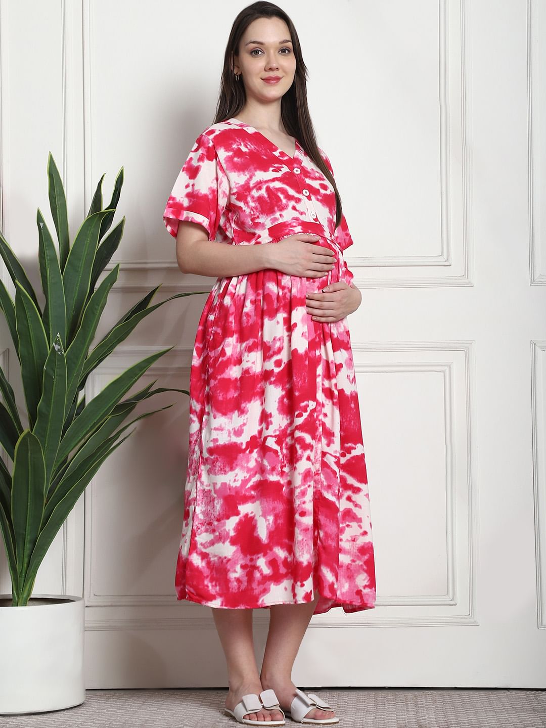 Tie & Dye Print Pink Rayon Maternity Dress