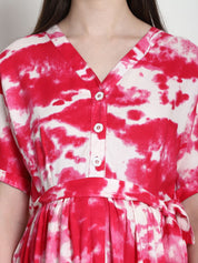 Tie & Dye Print Pink Rayon Maternity Dress