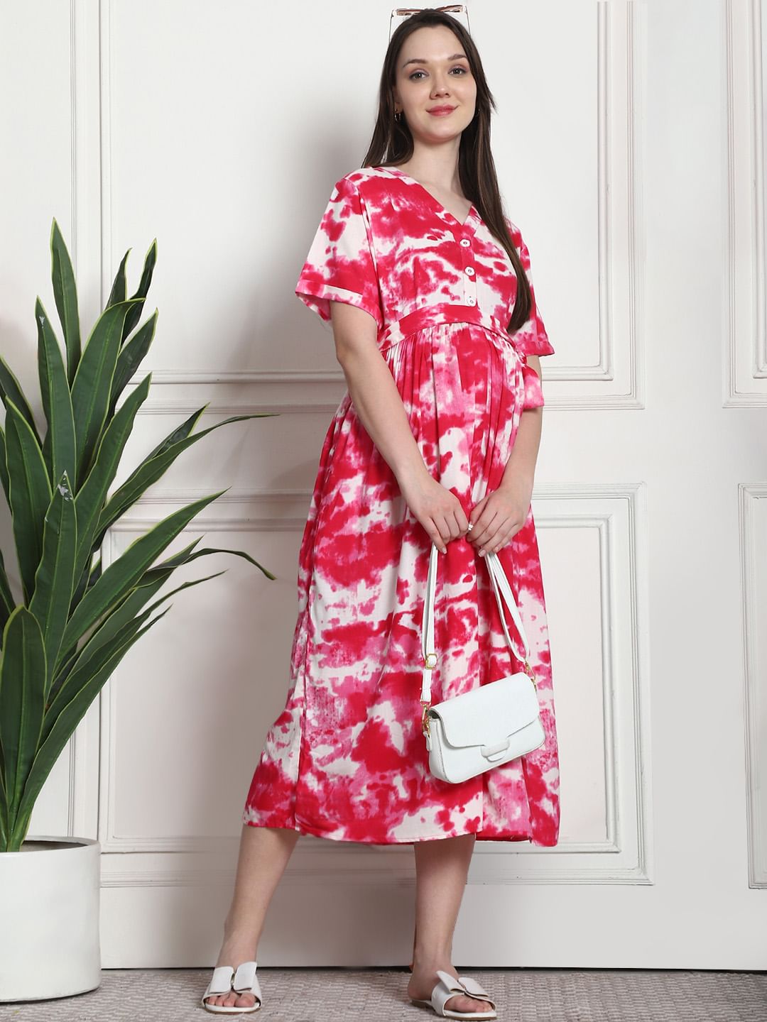 Tie & Dye Print Pink Rayon Maternity Dress