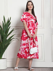 Tie & Dye Print Pink Rayon Maternity Dress