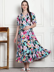Floral Print Multi Rayon Maternity Wrap Dress