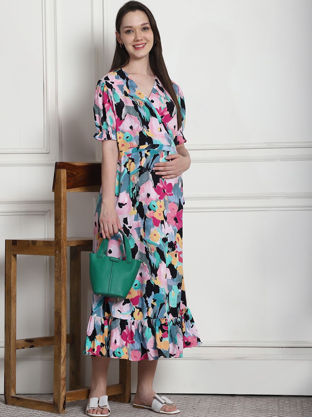 Floral Print Multi Rayon Maternity Wrap Dress
