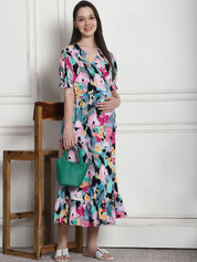 Floral Print Multi Rayon Maternity Wrap Dress
