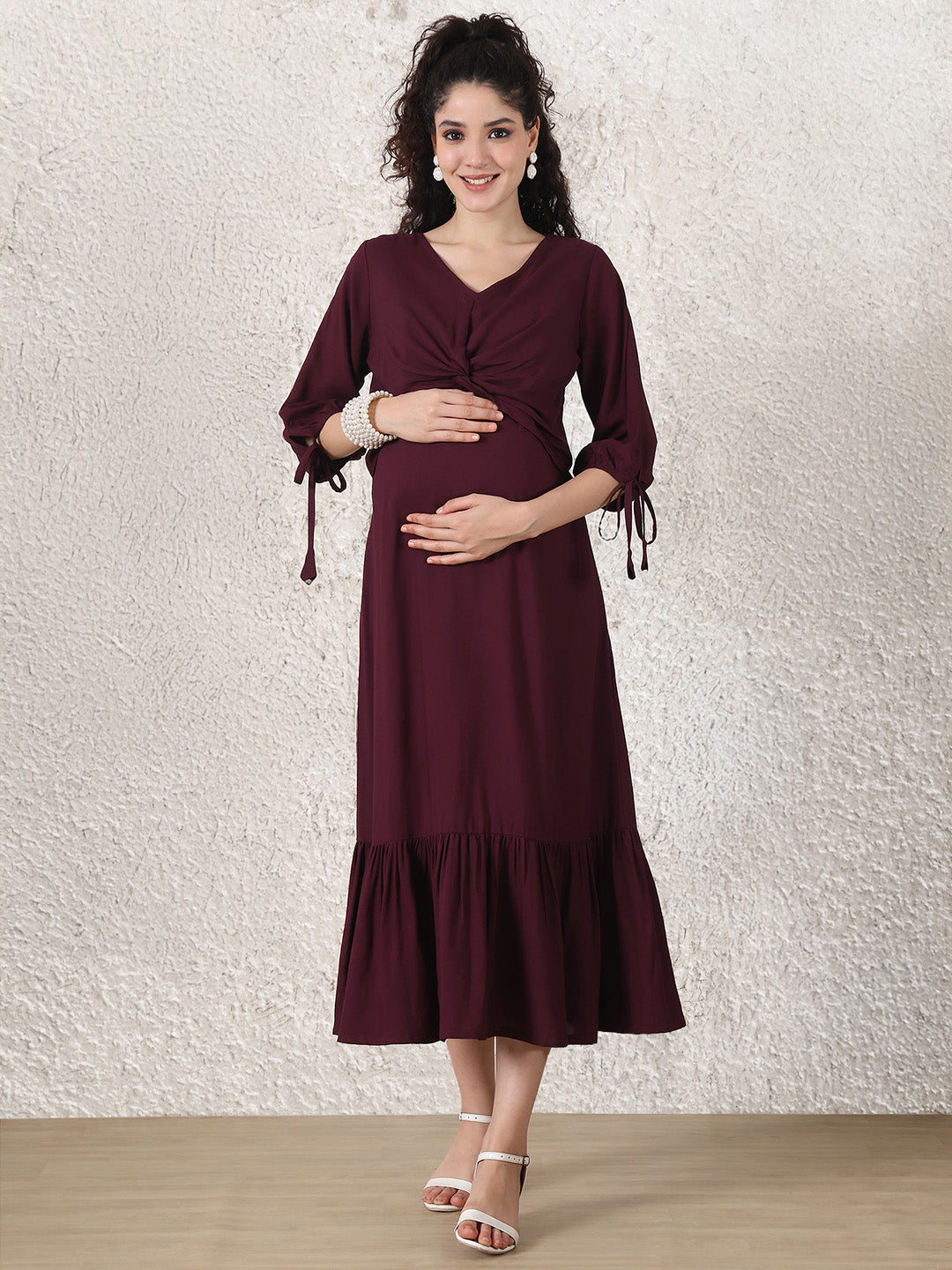 Wine Solid Rayon Maternity Dress
