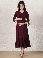 Wine Solid Rayon Maternity Dress