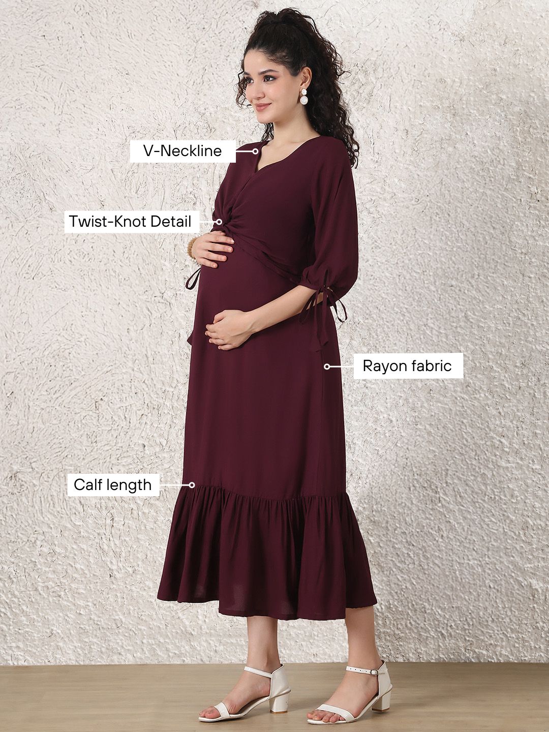 Wine Solid Rayon Maternity Dress