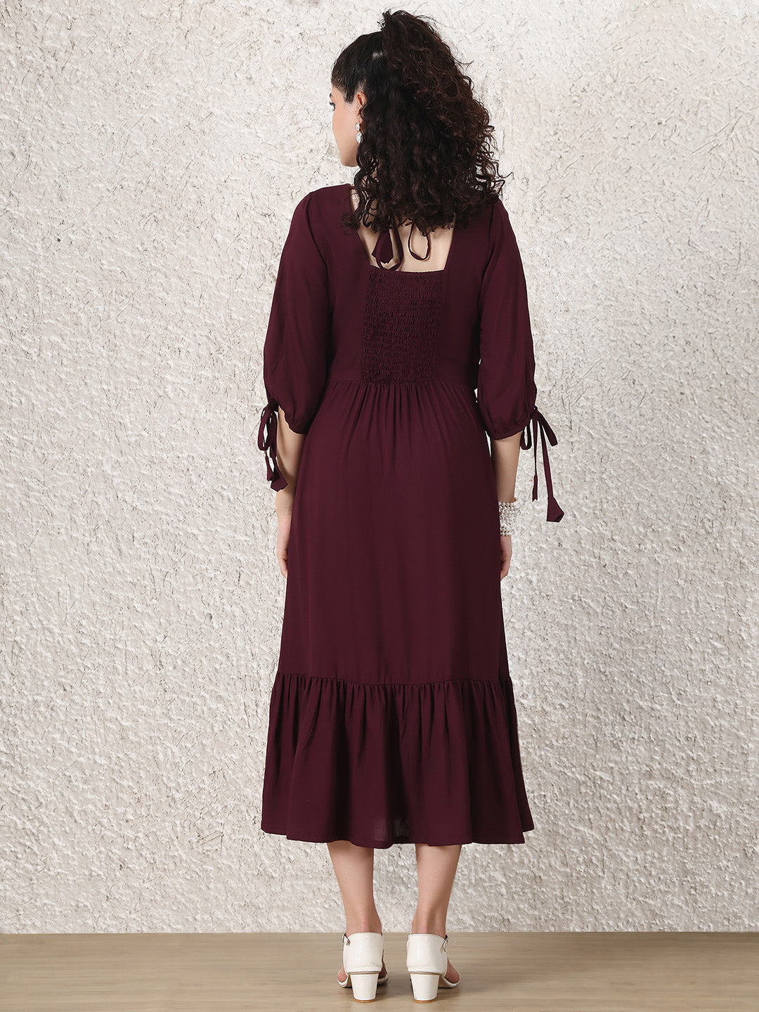 Wine Solid Rayon Maternity Dress