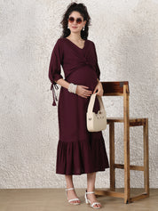 Wine Solid Rayon Maternity Dress