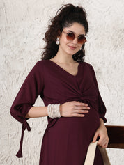 Wine Solid Rayon Maternity Dress