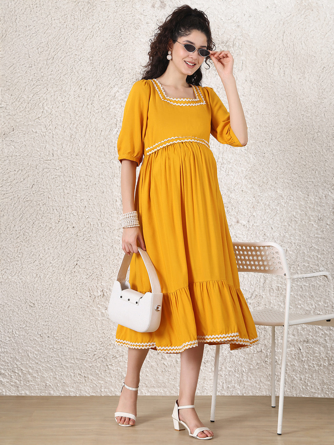 Yellow Solid Rayon Maternity Dress
