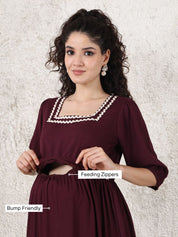 Wine Solid Rayon Maternity Dress