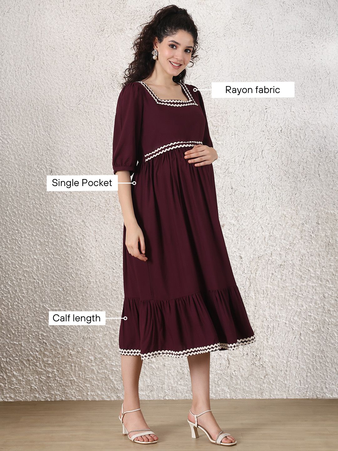 Wine Solid Rayon Maternity Dress