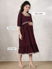 Wine Solid Rayon Maternity Dress