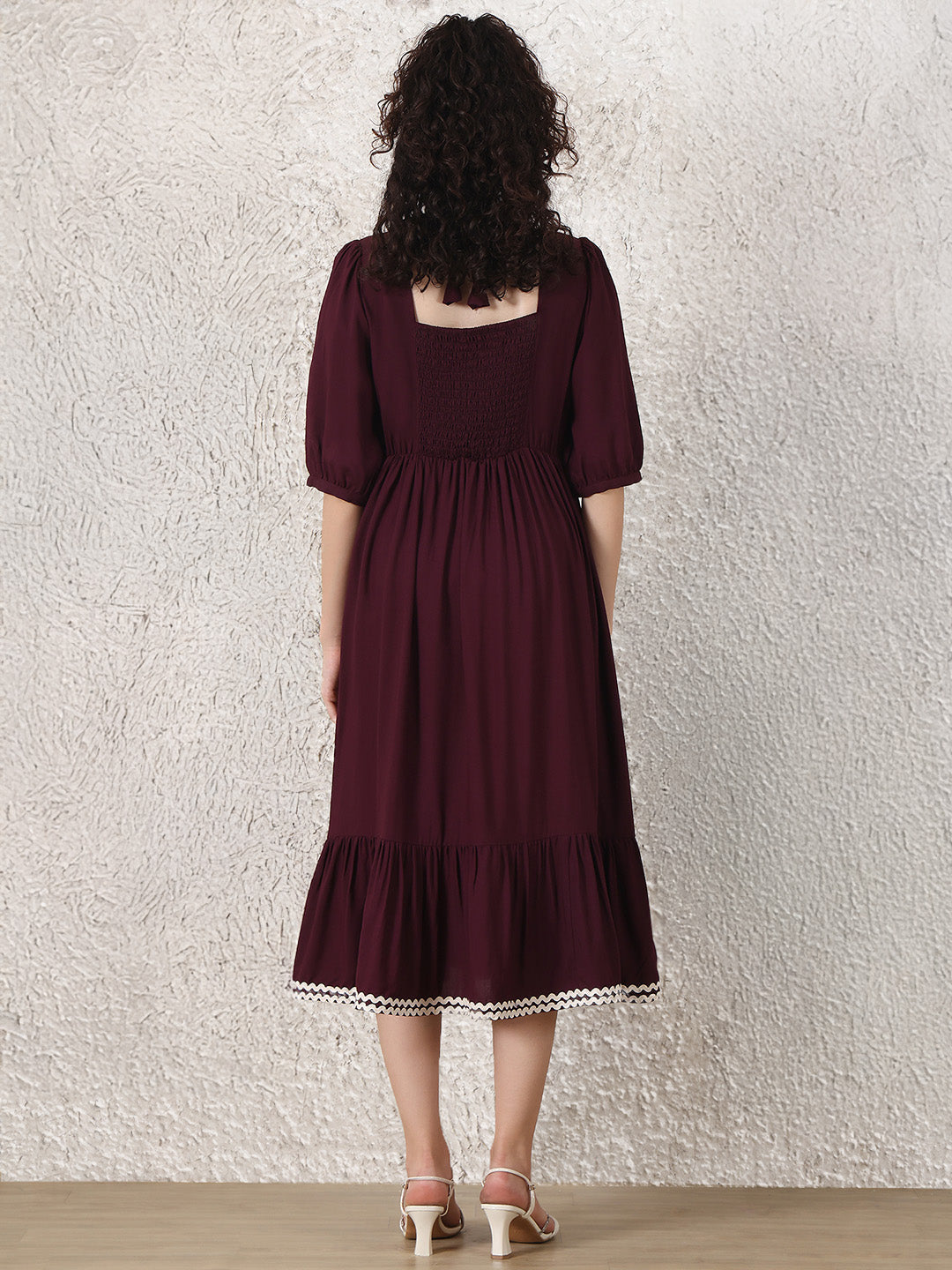 Wine Solid Rayon Maternity Dress