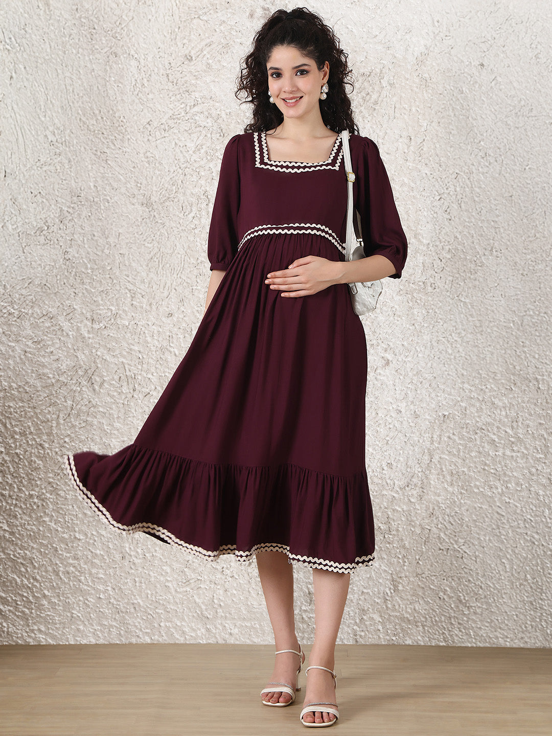 Wine Solid Rayon Maternity Dress