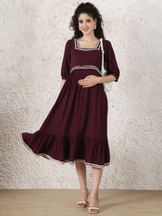 Wine Solid Rayon Maternity Dress