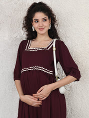 Wine Solid Rayon Maternity Dress