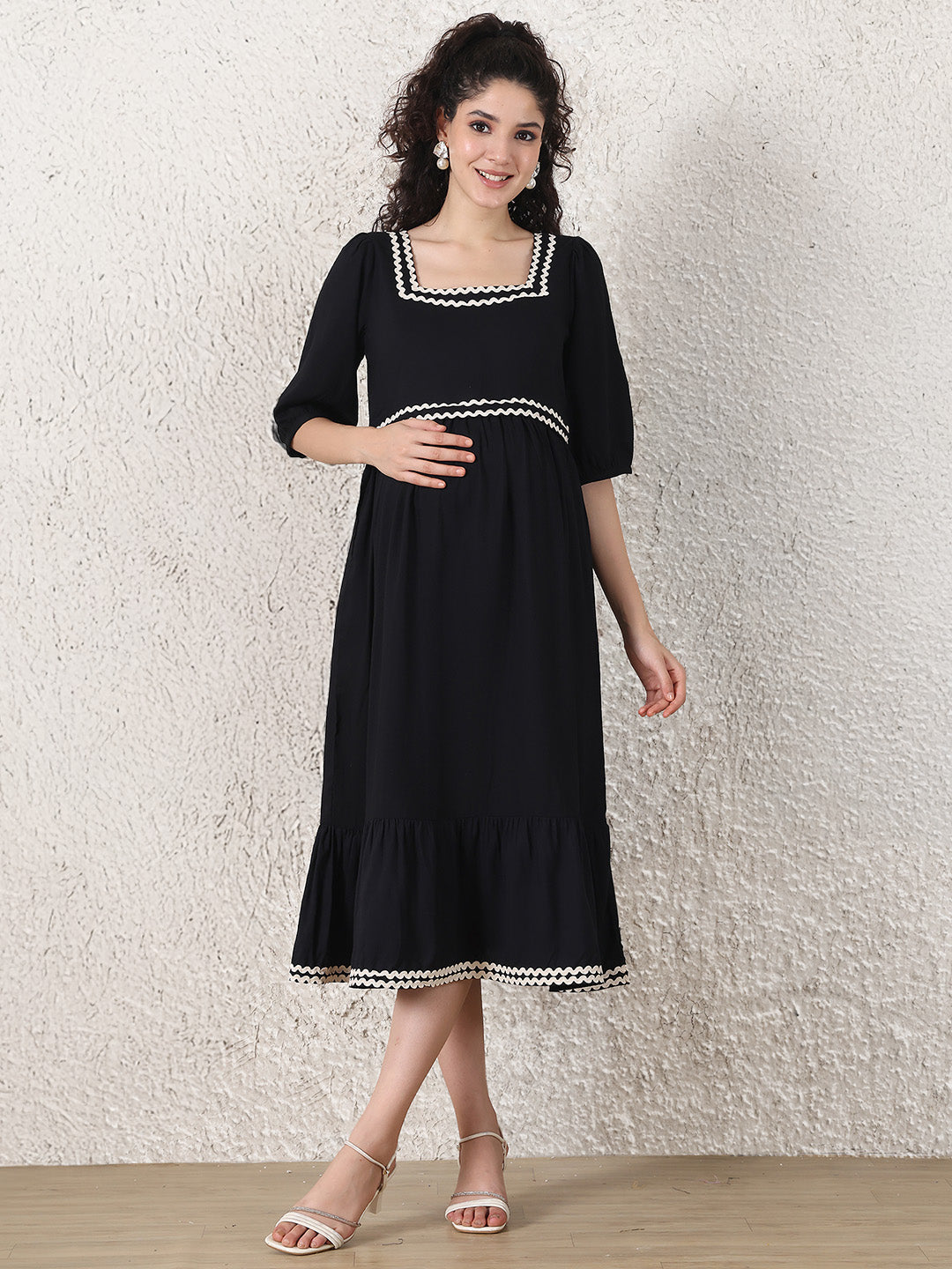 Black Solid Rayon Maternity Dress