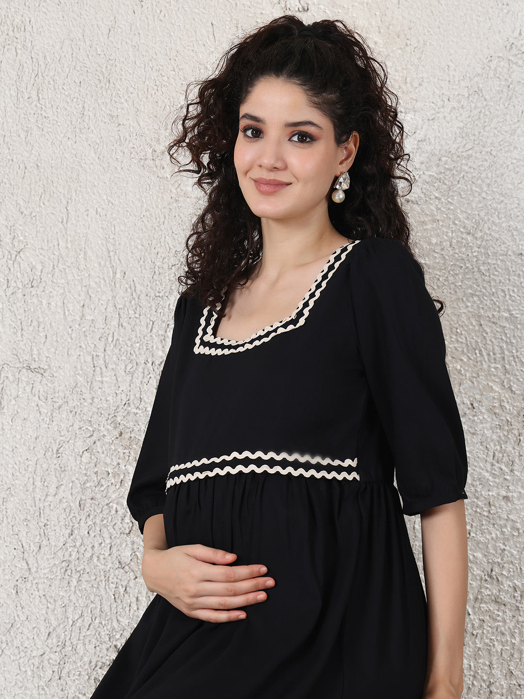 Black Solid Rayon Maternity Dress