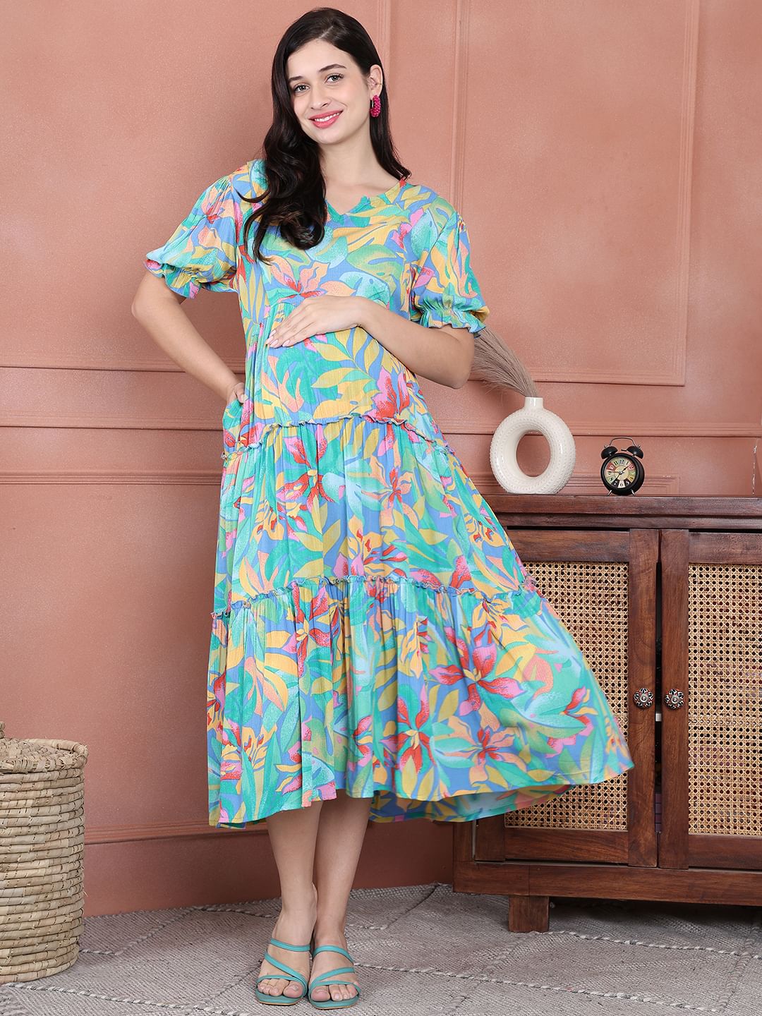 Secret Wish Green Floral Crinkle Rayon Maternity Dress Calf Length