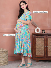 Secret Wish Green Floral Crinkle Rayon Maternity Dress Calf Length
