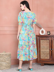 Secret Wish Green Floral Crinkle Rayon Maternity Dress Calf Length
