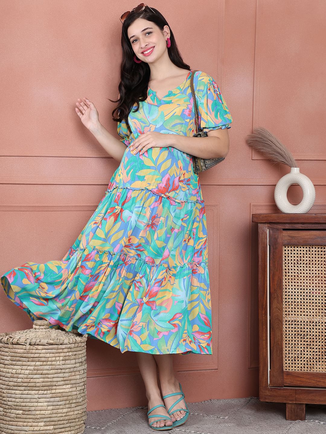 Secret Wish Green Floral Crinkle Rayon Maternity Dress Calf Length