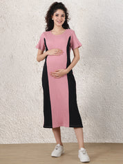 Pink & Black Solid Ribbed Maternity Bodycon Dress