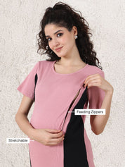 Pink & Black Solid Ribbed Maternity Bodycon Dress