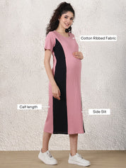 Pink & Black Solid Ribbed Maternity Bodycon Dress