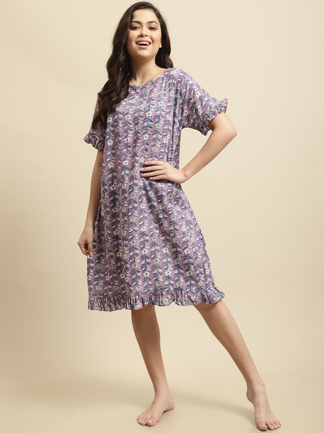 Purple Sanganeri Screen Print Short Night Dress