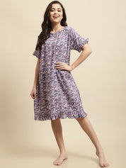 Purple Sanganeri Screen Print Short Night Dress