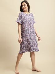 Purple Sanganeri Screen Print Short Night Dress
