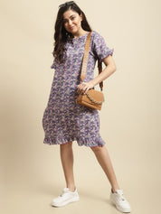Purple Sanganeri Screen Print Short Night Dress