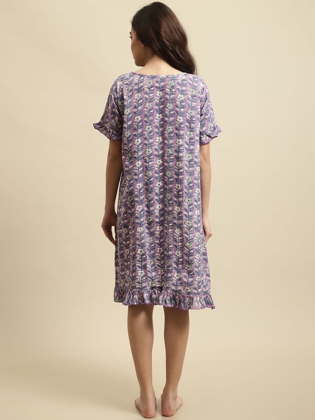 Purple Sanganeri Screen Print Short Night Dress