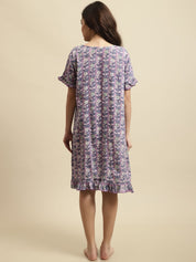 Purple Sanganeri Screen Print Short Night Dress