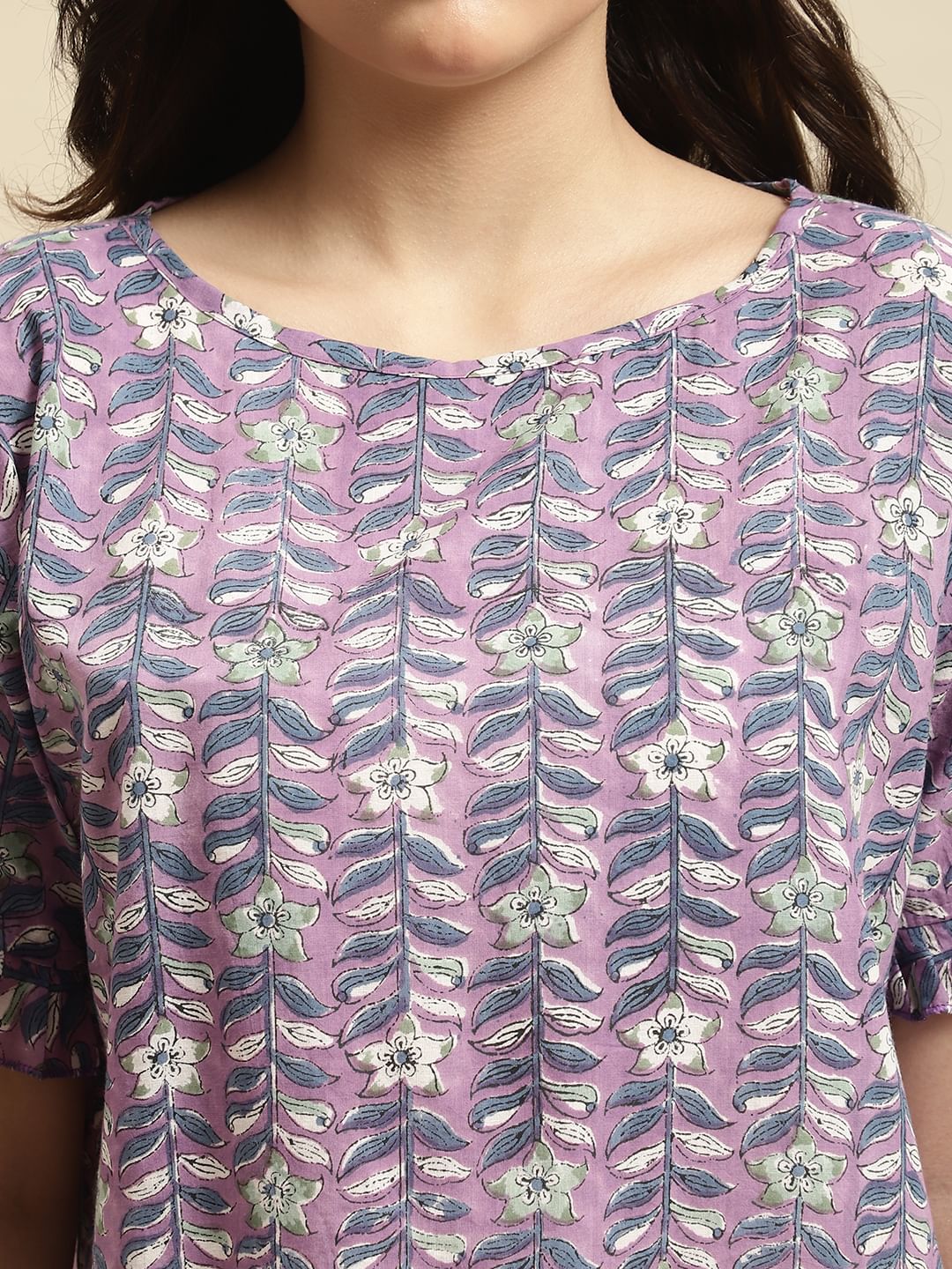 Purple Sanganeri Screen Print Short Night Dress