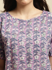 Purple Sanganeri Screen Print Short Night Dress
