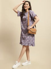 Purple Sanganeri Screen Print Short Night Dress